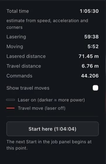Job-Vorschau mit Gesamtzeit, Laserzeit und Fahrzeit